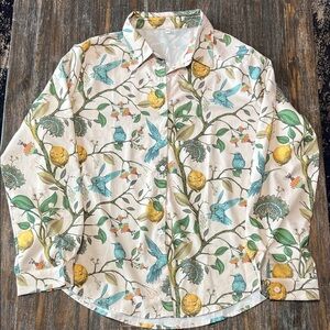 Cream Botanical Button-Up Shirt with Teal Birds and Yellow Fruit